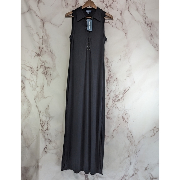 Modcloth Dress Women 8 10 Medium Black Maxi Tank Sleeveless Rib Lattice Tie - Picture 1 of 13